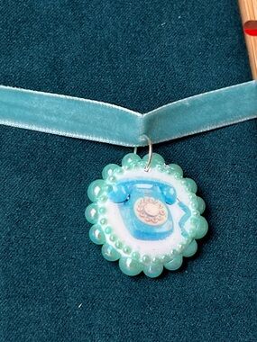 Blue Velvet Choker Necklace with Clay Telephone Pendant